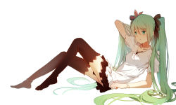 Rule 34 | 1girl, bad id, bad pixiv id, bracelet, feet, green eyes, green hair, hatsune miku, jewelry, long hair, matching hair/eyes, no shoes, reclining, simple background, skirt, solo, thighhighs, twintails, very long hair, vocaloid, white background, world is mine (vocaloid), xuehua