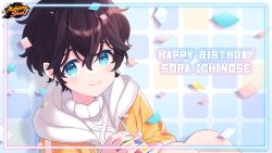 Rule 34 | 1boy, absurdres, black hair, blue background, blue eyes, border, child, confetti, copyright notice, english text, hair between eyes, happy birthday, highres, holding, holding toy, ichinose sora, logo, mahjong soul, male focus, official art, raised eyebrows, rubik&#039;s cube, sitting, smile, solo, sweater, toy, yostar