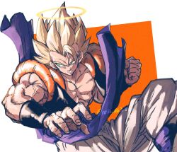 Rule 34 | 1boy, absurdres, angry, artist name, baggy pants, biceps, black vest, black wristband, blonde hair, blue sash, clenched hand, clenched teeth, collarbone, dragon ball, dragonball z, gogeta, green eyes, hair between eyes, halo, highres, looking away, looking to the side, male focus, metamoran vest, multicolored hair, muscular, muscular male, open clothes, open vest, orange background, pants, pectorals, relio db318, sash, simple background, solo, spiked hair, super saiyan, super saiyan 1, teeth, twitter username, two-tone hair, v-shaped eyebrows, veins, vest, white background, white pants, wristband