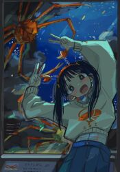 Rule 34 | 1girl, amamoto air, aquarium, arms up, black eyes, black hair, blue pants, cowboy shot, crab, double v, head tilt, highres, long hair, long sleeves, looking at viewer, open mouth, original, pants, plaid, plaid shirt, print sweater, shirt, solo, standing, straight hair, sweater, twintails, v
