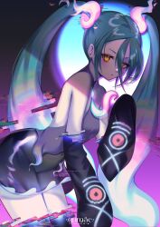Rule 34 | 1girl, aqua hair, black thighhighs, creatures (company), detached sleeves, game freak, ghost, ghost miku (project voltage), glitch, grey shirt, gumae, hair between eyes, hatsune miku, highres, long hair, nintendo, parted lips, pokemon, project voltage, see-through, see-through skirt, shirt, skirt, sleeves past fingers, sleeves past wrists, thighhighs, twintails, very long hair, vocaloid, will-o&#039;-the-wisp (mythology), yellow eyes