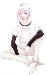 1boy accelerator_(toaru_majutsu_no_index) albino androgynous black_shirt bright_pupils collarbone commentary full_body grin gung hair_between_eyes highres long_sleeves looking_at_viewer male_focus medium_hair pale_skin pants red_eyes shirt short_sidelocks short_sleeves sidelocks simple_background sitting smile solo sternocleidomastoid_muscle teeth toaru_majutsu_no_index white_background white_footwear white_hair white_pants white_pupils white_shirt