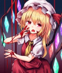 Rule 34 | 1girl, ascot, baram, blonde hair, blood, blood on face, blood on hands, blue background, commentary request, cowboy shot, crystal, fangs, flandre scarlet, gradient background, hair between eyes, hand up, hat, hat ribbon, highres, long hair, mob cap, one side up, open mouth, puffy short sleeves, puffy sleeves, purple background, red eyes, red ribbon, red skirt, red vest, ribbon, shirt, short sleeves, skirt, skirt set, solo, touhou, vest, white hat, white shirt, wings, yellow ascot