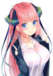 Rule 34 | 1girl, blue eyes, blue jacket, blunt bangs, blush, breasts, butterfly hair ornament, closed mouth, clothes pull, collarbone, collared shirt, go-toubun no hanayome, hair ornament, heart, highres, jacket, jacket pull, large breasts, long hair, looking at viewer, mizukanayuki, nail polish, nakano nino, open clothes, open jacket, pink hair, pointing, pointing up, school uniform, shirt, simple background, smile, solo, upper body, very long hair, white background, white shirt