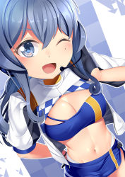 Rule 34 | 1girl, bandeau, black gloves, blue bandeau, blue eyes, blue hair, blue skirt, breasts, cropped jacket, gloves, gotland (kancolle), hair between eyes, half gloves, headphones, highres, jacket, kantai collection, long hair, miniskirt, mole, mole under eye, navel, official alternate costume, official art, one eye closed, open clothes, open jacket, race queen, short sleeves, skirt, small breasts, solo, white jacket, yasume yukito