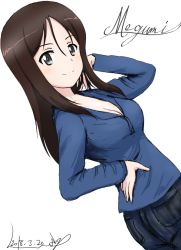 Rule 34 | 10s, 1girl, artist name, black pants, blue eyes, blue shirt, breasts, brown hair, bukkuri, casual, character name, cleavage, closed mouth, commentary, cursive, dated, dutch angle, girls und panzer, hand in own hair, hand on own hip, long hair, long sleeves, looking at viewer, medium breasts, megumi (girls und panzer), pants, shirt, signature, simple background, smile, solo, standing, swept bangs, upper body, white background