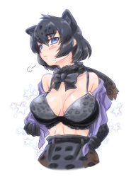 Rule 34 | 1girl, :&lt;, puff of air, animal ears, animal print, bare shoulders, belt, black bow, black bowtie, black hair, black jaguar (kemono friends), blue eyes, blush, bow, bowtie, bra, breasts, closed mouth, colored inner hair, commentary request, cropped torso, elbow gloves, extra ears, fur scarf, gloves, hair between eyes, high-waist skirt, highres, jaguar ears, jaguar girl, jaguar print, kemono friends, large breasts, medium hair, mikan toshi, multicolored hair, open clothes, open shirt, print bow, print bowtie, print bra, print gloves, print neckwear, print skirt, purple shirt, scarf, shirt, sidelocks, skirt, solo, star (symbol), stomach, toned, two-tone hair, underwear, undressing, upper body