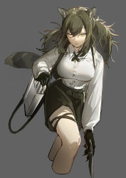 Rule 34 | 1girl, animal ears, animal hands, arknights, bag, black gloves, black skirt, breasts, brown hair, collared shirt, commentary, cowboy shot, cropped legs, cross tie, facing viewer, fingernails, gloves, grey background, gui mi, hair between eyes, highres, holding, holding knife, knife, large breasts, lips, long hair, long sleeves, looking to the side, miniskirt, parted lips, raccoon ears, raccoon tail, robin (arknights), sharp fingernails, shirt, shoulder bag, simple background, skirt, solo, tail, thigh strap, thighs, white shirt, wing collar, yellow eyes
