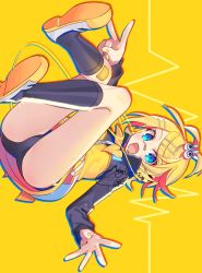 Rule 34 | 1girl, bandaid, bandaid on face, bandaid on knee, bandaid on leg, bandaid on nose, black socks, blonde hair, blue eyes, bow, buruma, cardiogram, flat chest, hair bobbles, hair ornament, hairclip, headphones, highres, jacket, kagamine rin, looking at viewer, multicolored clothes, multicolored jacket, nail polish, negi (ulog&#039;be), open mouth, project diva (series), school jersey (module), shoes, sideways, smile, socks, solo, stylish energy (module), sweater, two-tone jacket, uwabaki, v, vocaloid, yellow background, yellow bow, yellow jacket, yellow nails, zipper