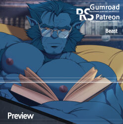 Rule 34 | 1boy, abs, bara, beast (x-men), blue skin, book, colored skin, forked eyebrows, glasses, highres, large pectorals, male focus, marvel, mature male, monster boy, muscular, muscular male, mutton chops, nipples, nude, open book, paid reward available, pectorals, pillow, pointy ears, reading, ryans, short hair, solo, thick eyebrows, upper body, x-men
