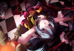 Rule 34 | 1girl, aqua eyes, aqua hair, checkered floor, floor, from above, hatsune miku, high heels, imoko (imonatsuki), knife, outstretched arms, perspective, shoes, solo, spread arms, thighhighs, vocaloid