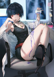 Rule 34 | 1girl, armpits, ass, bare shoulders, belt, black choker, black dress, black hair, black panties, breasts, chair, choker, cleavage, coat, crossed legs, cup, dress, hand up, high heels, highres, holding, holding cup, jewelry, knees up, lab coat, looking at viewer, mhk (mechamania), mouth hold, necklace, off shoulder, office chair, open clothes, open coat, panties, persona, persona 5, pouring, pouring onto self, red eyes, sandals, shoe soles, short dress, short hair, sitting, sleeveless, sleeveless dress, small breasts, solo, swivel chair, takemi tae, thighs, underwear, white coat, x-ray, x-ray film