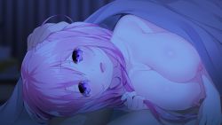 Rule 34 | 1girl, aihara shion, bed sheet, blush, breasts, cuddling, game cg, hair between eyes, hand on another&#039;s head, indoors, large breasts, long hair, looking at viewer, lying, night, nipples, nose blush, nude, on side, open mouth, original, out of frame, pink hair, pov, purple eyes, shion to one room: kizuna kirameku koi iroha ss, smile, solo focus, under covers, upper body, usume shirou
