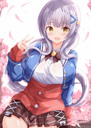 Rule 34 | 1girl, :d, blue jacket, blush, bow, breasts, brown bow, brown skirt, cardigan, collared shirt, commentary request, cropped jacket, dated, dress shirt, floating hair, grey hair, hand up, happy birthday, highres, jacket, kashiwagi saki, long hair, long sleeves, looking at viewer, medium breasts, ongeki, open clothes, open jacket, open mouth, petals, pleated skirt, puffy long sleeves, puffy sleeves, red cardigan, school uniform, shirt, sitting, skirt, sleeves past wrists, smile, solo, striped clothes, striped skirt, very long hair, white shirt, xenon (for achieve), yellow eyes
