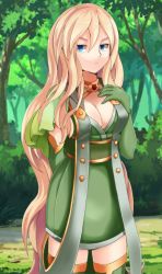 Rule 34 | 1girl, bad id, bad pixiv id, blonde hair, blue eyes, breast suppress, breasts, chihashi keishuu, cleavage, curly hair, expressionless, forest, jewelry, large breasts, long hair, looking at viewer, micaela (mon-musu quest!), mon-musu quest!, nature, shadow, sidelocks, solo, thighhighs, tree, very long hair, zettai ryouiki