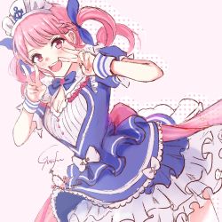 Rule 34 | 1girl, :d, absurdres, bang dream!, blue bow, blue dress, blue ribbon, bow, braid, breasts, cleavage, commentary request, cosplay, double v, dress, dutch angle, frilled dress, frills, gurifu, hair ribbon, hands up, highres, hololive, long hair, maid headdress, maruyama aya, medium breasts, minato aqua, minato aqua (1st costume), minato aqua (cosplay), open mouth, puffy short sleeves, puffy sleeves, red eyes, ribbon, short sleeves, signature, smile, solo, teeth, twintails, upper teeth only, v, virtual youtuber, wrist cuffs