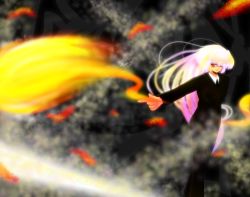 Rule 34 | 1girl, artist request, female focus, fire, formal, fujiwara no mokou, highres, long hair, multicolored hair, one eye closed, outstretched arm, pant suit, pants, red eyes, smile, solo, suit, touhou, umarutsufuri, wink