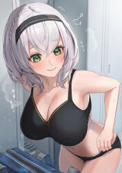 Rule 34 | 1girl, alternate costume, arainekozz, bag, bare arms, black hairband, black panties, black sports bra, blush, braid, breasts, buttons, cleavage, closed mouth, collarbone, commentary request, double-breasted, green eyes, grey hair, hair between eyes, hairband, highres, hololive, large breasts, leaning forward, locker, looking at object, looking down, navel, panties, school bag, shirogane noel, short hair, smile, solo, sports bra, thighs, translation request, underwear, unzipped, virtual youtuber