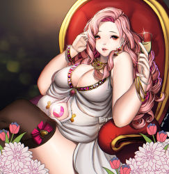 Rule 34 | 10s, 1girl, 2014, alternate skin color, bad id, bad tumblr id, bare shoulders, bead bracelet, beads, black thighhighs, bow, bracelet, breasts, chair, cleavage, clothing cutout, cup, curly hair, dated, donique (vaniilya), dress, drinking glass, earrings, flower, gem, hand in own hair, heart, highres, holding, holding cup, holding drinking glass, huge breasts, jewelry, lens flare, long hair, looking at viewer, nail polish, navel cutout, necklace, on chair, parted lips, pink bow, pink hair, pink nails, plump, red eyes, red lips, rose quartz universe, sitting, sleeveless, sleeveless dress, solo, steven universe, text focus, thighhighs, white bow, white dress, wine glass