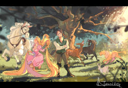 Rule 34 | 1boy, 1girl, absurdly long hair, animal, annoyed, copyright name, disney, flynn rider, happy, horse, letterboxed, long hair, masso, maximus (tangled), rabbit, rapunzel, rapunzel (disney), sunlight, tangled, tree, typo, very long hair