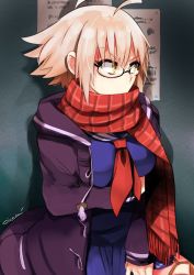 Rule 34 | ahoge, artoria pendragon (all), artoria pendragon (fate), black-framed eyewear, blue shirt, blue skirt, blush, breasts, coat, cosplay, duffel coat, fate/grand order, fate (series), garter straps, highres, indoors, jeanne d&#039;arc (fate), jeanne d&#039;arc alter (avenger) (fate), jeanne d&#039;arc alter (fate), large breasts, long sleeves, mysterious heroine x alter (fate), mysterious heroine x alter (fate) (cosplay), mysterious heroine x alter (first ascension) (fate), open clothes, open coat, plaid, plaid scarf, red neckwear, red scarf, saber alter, scarf, school uniform, semi-rimless eyewear, serafuku, shirt, short hair, silver hair, skirt, standing, yellow eyes