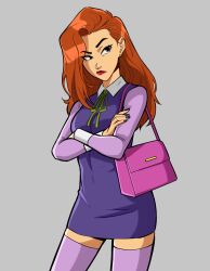 Rule 34 | 1girl, bag, black eyes, commentary, contrapposto, cowboy shot, crossed arms, daphne ann blake, dress, ear piercing, earrings, english commentary, frown, handbag, highres, jewelry, kyle guilbault, orange hair, piercing, purple dress, purple nails, purple thighhighs, raised eyebrow, red lips, scooby-doo, short dress, solo, thighhighs, velma (2023), velma (series), zettai ryouiki