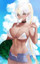 Rule 34 | 1girl, absurdres, bare arms, bare shoulders, bikini, black choker, blue shorts, blush, breasts, bust cup, choker, cleavage, clothing cutout, collarbone, commission, cowboy shot, dark-skinned female, dark elf, dark skin, denim, denim shorts, elf, food, food in mouth, gradient hair, hand up, highres, large breasts, long hair, looking at viewer, micro shorts, mouth hold, multicolored hair, navel, open fly, original, pointy ears, ponytail, popsicle, popsicle in mouth, shorts, side cutout, skindentation, solo, stomach, strap pull, streaked hair, string bikini, sweatdrop, swimsuit, two-tone hair, very long hair, wet, white bikini, white hair, yellow eyes, zerotwo (02)