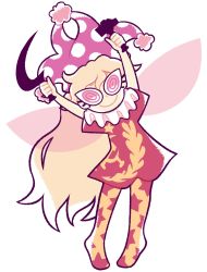 Rule 34 | 1girl, arms up, blonde hair, closed mouth, clownpiece, commentary, dress, fairy wings, flag print, full body, hammer, hammer and sickle, hat, highres, holding, holding hammer, jester cap, long hair, looking at viewer, nekozneko, pink eyes, pink hat, polka dot, polka dot headwear, red dress, red eyes, red legwear, short sleeves, smile, solo, soviet flag, standing, star (symbol), star print, touhou, very long hair, white background, wings