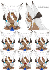 Rule 34 | 1girl, :d, absurdres, angry, animal ears, character sheet, choker, dark skin, expressionless, expressions, closed eyes, eyes visible through hair, from side, hair between eyes, happy, highres, horns, open mouth, original, sad, smile, third eye, tokiti, white background, white hair, yellow eyes