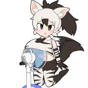 Rule 34 | 1girl, aardwolf (kemono friends), aardwolf print, animal ear fluff, animal ears, animal print, animated, arms at sides, black eyes, chibi, clothes lift, collared shirt, commentary, cutoffs, elbow gloves, electric fan, extra ears, fanning self, full body, gloves, grey hair, hair between eyes, high ponytail, kemono friends, kneeling, long hair, navel, necktie, open mouth, pantyhose, pantyhose under shorts, print gloves, print pantyhose, print shirt, shirt, shirt lift, shorts, simple background, sleeveless, sleeveless shirt, smile, solo, stomach, tail, tail wagging, taro (tontaro), video, white background, wing collar