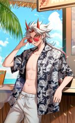 Rule 34 | 1boy, absurdres, arataki itto, black shirt, genshin impact, grey hair, highres, horns, male focus, multicolored hair, muscular, muscular male, navel, oni horns, open clothes, open shirt, pants, pponnya, red-framed eyewear, red eyes, red hair, shirt, smile, solo, stomach, sunglasses, teeth, white pants