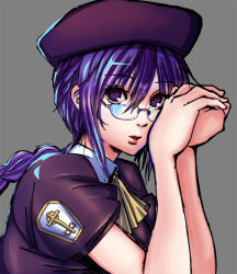 Rule 34 | 1girl, ascot, bad id, bad pixiv id, beret, bespectacled, braid, glasses, hat, long hair, looking at viewer, melty blood, puffy short sleeves, puffy sleeves, purple eyes, purple hair, rimless eyewear, short sleeves, single braid, sion eltnam atlasia, solo, tagami haru, tsukihime