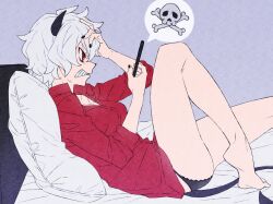 Rule 34 | 1girl, angry, barefoot, black horns, black nails, black panties, demon, demon girl, demon horns, demon tail, dorsiflexion, feet, foot out of frame, grey hair, hand on own head, helltaker, highres, holding, holding phone, horns, knee up, legs, lying, malina (helltaker), nagiko (mangalove1111), on back, on bed, panties, phone, red eyes, red shirt, shirt, sitting, soles, solo, tail, thighs, toes, underwear