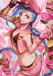 Rule 34 | 1girl, alternate costume, ass, blue hair, braid, breasts, cleavage, fingerless gloves, gloves, grin, highres, jinx (league of legends), league of legends, long hair, nail polish, oopartz yang, pink eyes, short shorts, shorts, small breasts, smile, solo, twin braids