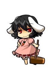Rule 34 | 1girl, animal ears, black hair, bloomers, carrot, chibi, dress, female focus, hammer, inaba tewi, jewelry, kine, mallet, necklace, pendant, pink dress, rabbit ears, red eyes, short hair, smirk, socha, solo, touhou, transparent background, underwear