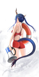 Rule 34 | 1girl, absurdres, arknights, ass, blue hair, breasts, ch&#039;en (arknights), commentary, dragon girl, dragon horns, dragon tail, floating hair, from behind, highres, horns, lifeguard, long hair, medium breasts, megaphone, ponytail, sidelocks, solo, tail, tflop (tea flop), white background