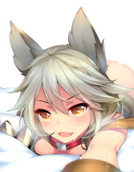 Rule 34 | 10s, 1girl, animal ears, blush, claw (weapon), collar, dean (momodean), dripping, erune, eyebrows, fang, granblue fantasy, hair between eyes, heart, heart-shaped pupils, highres, long hair, looking at viewer, lying, nude, on bed, on stomach, open mouth, orange eyes, sen (granblue fantasy), silver hair, simple background, smile, solo, symbol-shaped pupils, weapon, white background