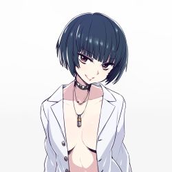 Rule 34 | 10s, 1girl, black hair, bob cut, breasts, brown eyes, chan co, collar, collarbone, gradient background, grin, jewelry, lab coat, lab coat, looking at viewer, medium breasts, megami tensei, naked labcoat, naked shirt, necklace, persona, persona 5, shin megami tensei, shirt, short hair, simple background, smile, solo, takemi tae, upper body