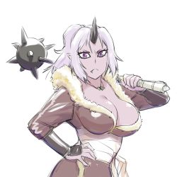 Rule 34 | 1girl, black horns, breasts, cleavage, closed mouth, colored skin, fang, hand on own hip, highres, holding, holding mace, holding weapon, horn, horns, jewelry, large breasts, long hair, looking at viewer, mace, necklace, ogre, oni, oni girl, oni horn, oni horns, pointy ears, ponytail, purple eyes, purple hair, purple skin, shion (tensei shitara slime datta ken), simple background, single horn, slit pupils, solo, spiked mace, spikes, tensei shitara slime datta ken, ueyama michirou, upper body, weapon, white background