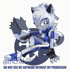 Rule 34 | 1girl, anchor, animal ears, arm support, bandages, bandaged foot, bandaged foot, bandages, black gloves, blue pants, closed mouth, crop top, english text, fingerless gloves, full body, furry, furry female, gloves, grey ribbon, hat, hat ribbon, lemur ears, lemur girl, looking at viewer, pants, purple eyes, ribbon, sailor hat, shirt, short hair, simple background, sitting, sleeveless, smile, solo, sonic (series), striped tail, sucho, tail, tangle the lemur, twitter username, white background, white pants, white shirt