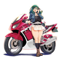 Rule 34 | 1girl, arm rest, belt, black legwear, breasts, brown footwear, cellphone, cleavage, cross, cross necklace, full body, green eyes, green hair, hair ornament, hair ribbon, hand on own face, holding, holding phone, huge breasts, jacket, jewelry, long hair, long sleeves, motor vehicle, motorcycle, necklace, open clothes, open jacket, open mouth, panties, panty peek, phone, ribbon, rimless eyewear, round eyewear, ryoji (nomura ryouji), simple background, skis, solo, standing, star (symbol), star hair ornament, underwear, unzipped, white background