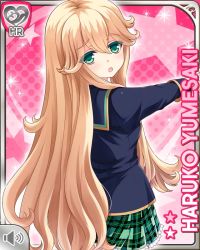 Rule 34 | 1girl, :o, blazer, blonde hair, blue jacket, character name, girlfriend (kari), green eyes, green skirt, jacket, long hair, official art, open mouth, outstretched arms, pink background, plaid, plaid skirt, plant, pleated skirt, potted plant, qp:flapper, rainboots, school uniform, shirt, skirt, tagme, white shirt, yumesaki haruko