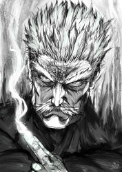 Rule 34 | 1boy, artist name, bang (one-punch man), bodysuit, closed mouth, commentary, english commentary, facial hair, furrowed brow, greyscale, hand up, highres, making-of available, male focus, manly, monochrome, mustache, old, old man, one-punch man, portrait, solo, steam, the golden smurf