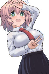 1girl 2024 arm_up artist_name black_skirt blush breasts brown_hair collared_shirt commentary_request double_v dress_shirt flying_sweatdrops green_eyes hair_between_eyes koshirae_tsurugi_(m.m) long_sleeves m.m medium_breasts necktie open_mouth original pleated_skirt puffy_long_sleeves puffy_sleeves red_necktie shirt simple_background skirt sleeves_past_wrists solo tears v white_background white_shirt