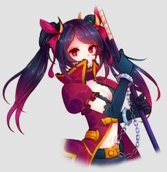 Rule 34 | 1girl, arcelle, belt, black hair, bracelet, brave frontier, breasts, bug, butterfly, chain, cleavage, crescent, crescent hair ornament, elza (brave frontier), gloves, gradient hair, hair ornament, highres, bug, jewelry, long hair, looking at viewer, multicolored hair, navel, puffy short sleeves, puffy sleeves, purple hair, red eyes, short sleeves, solo, spiked bracelet, spikes, twintails, weapon