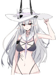 Rule 34 | 1girl, absurdres, arknights, armlet, bare shoulders, bikini, black bikini, breasts, detached collar, hat, highres, holding, holding clothes, holding hat, horns, jewelry, long hair, looking at viewer, material growth, medium breasts, mudrock (arknights), mudrock (silent night) (arknights), navel, necklace, necktie, official alternate costume, oripathy lesion (arknights), pink necktie, pointy ears, red eyes, sailor collar, stomach, sun hat, swimsuit, touko (toko12 tooko), very long hair, white hair
