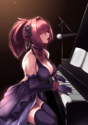 Rule 34 | 1girl, absurdres, bare shoulders, breasts, cleavage, collarbone, dress, fate/grand order, fate (series), highres, instrument, large breasts, long hair, microphone, music, note, open mouth, piano, ponytail, purple hair, red eyes, revision, saboten teishoku, scathach (blossoming under the crimson sky) (fate), scathach (fate), singing, solo, thighhighs, thighs
