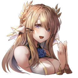 Rule 34 | 1girl, azur lane, bad id, bad pixiv id, blonde hair, blue eyes, blush, breasts, cleavage, dress, flower, hair between eyes, hair ornament, hairclip, highres, large breasts, leaf hair ornament, long hair, looking at viewer, open mouth, own hands together, simple background, sleeveless, smile, solo, straight hair, suru (ksoo420), upper body, victorious (azur lane), white background