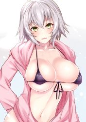 Rule 34 | 1girl, bikini, bikini top only, black bikini, blush, breasts, cleavage, collarbone, commentary request, fang, fate/grand order, fate (series), front-tie bikini top, front-tie top, hair between eyes, highres, jacket, jeanne d&#039;arc (fate), jeanne d&#039;arc (white cruising) (fate), jeanne d&#039;arc alter (avenger) (fate), jeanne d&#039;arc alter (fate), large breasts, looking at viewer, navel, open clothes, open jacket, parted lips, pink jacket, sankakusui, shiny skin, short hair, silver hair, skindentation, solo, swimsuit, yellow eyes