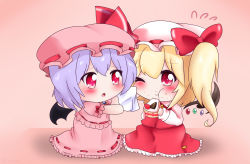 Rule 34 | 2girls, :t, bat wings, blonde hair, blue hair, blush, brooch, cake, cake slice, chibi, commentary, crumbs, eating, flandre scarlet, flying sweatdrops, food, food on face, fruit, gradient background, hat, hat ribbon, holding, holding food, jewelry, looking at another, mob cap, multiple girls, napkin, one eye closed, pink background, pink headwear, pink shirt, pink skirt, puffy short sleeves, puffy sleeves, red eyes, red skirt, red vest, remilia scarlet, ribbon, shirt, short hair, short sleeves, siblings, side ponytail, sisters, skirt, skirt set, strawberry, symbol-only commentary, touhou, triangle mouth, vest, wings, yairenko